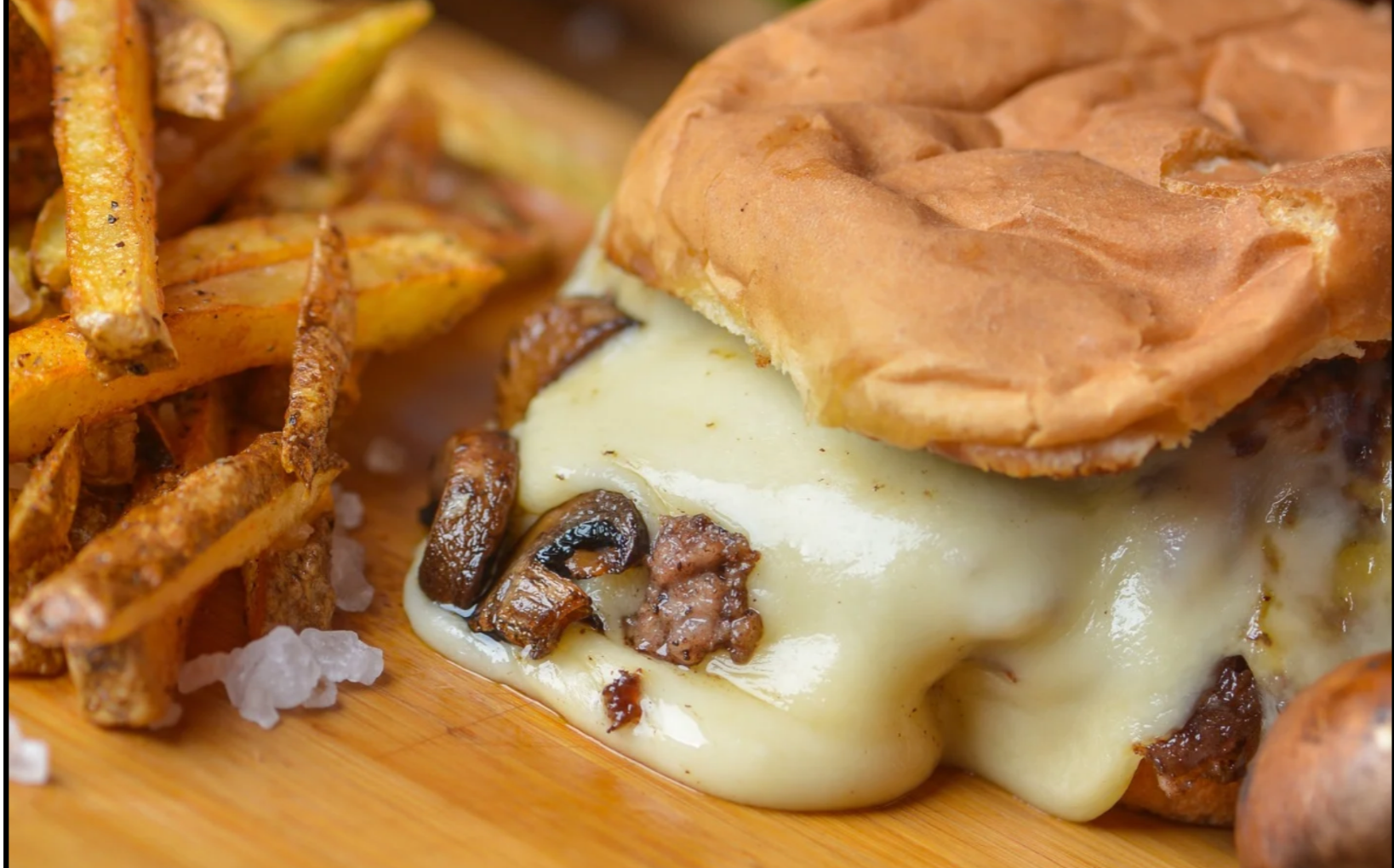 Mushroom Swiss burger with Swiss cheese and grilled mushrooms