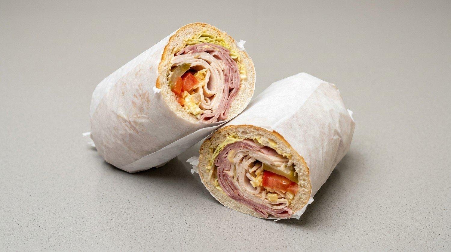 Chicken Mortadella Sandwich with cheese, lettuce, tomatoes, pickles, and special sauce