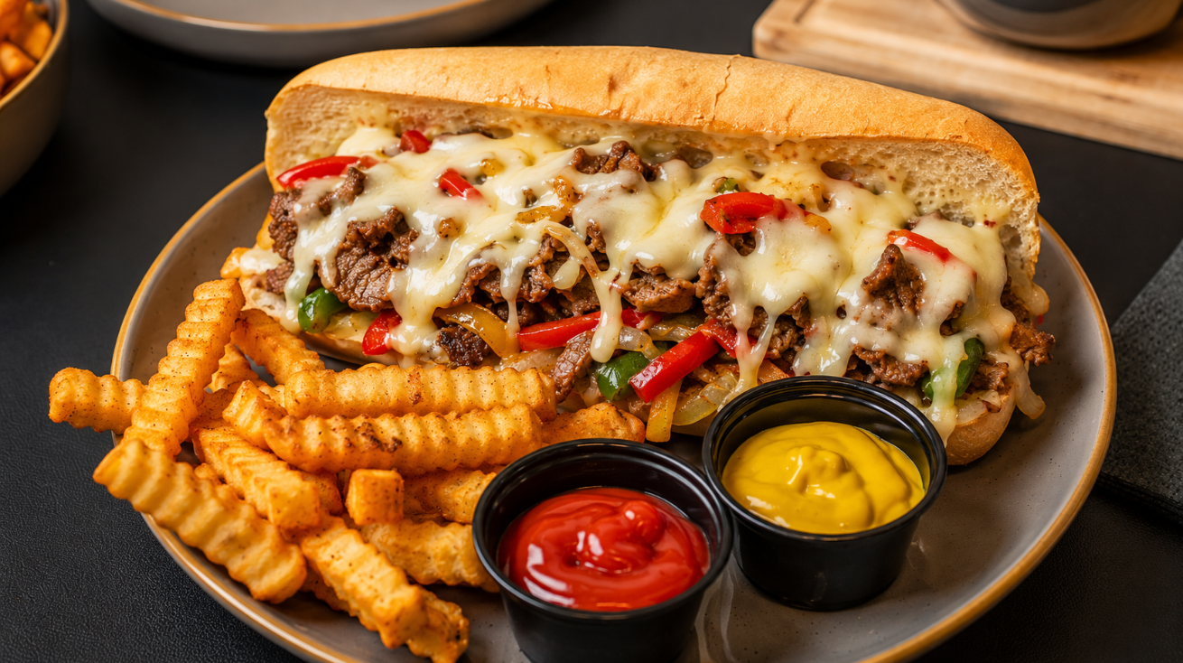 Classic Beef Cheesesteak with crispy fries from The Philly Republic