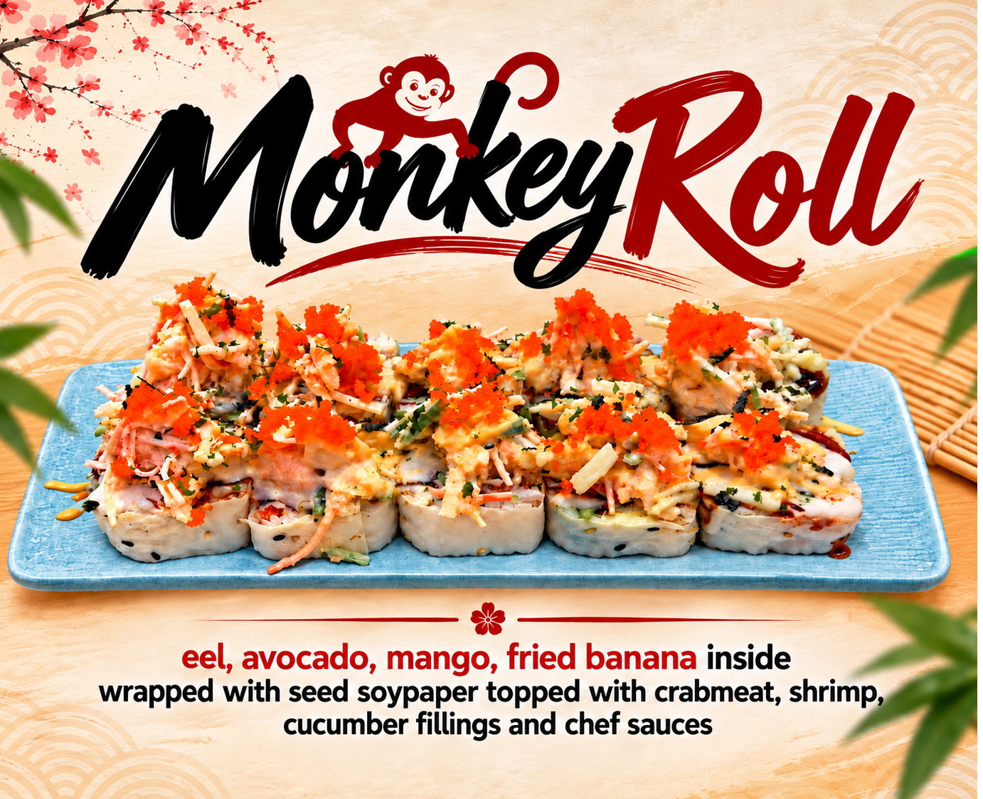 Takoyaki's specialty roll topped with tuna, salmon and yellowtail