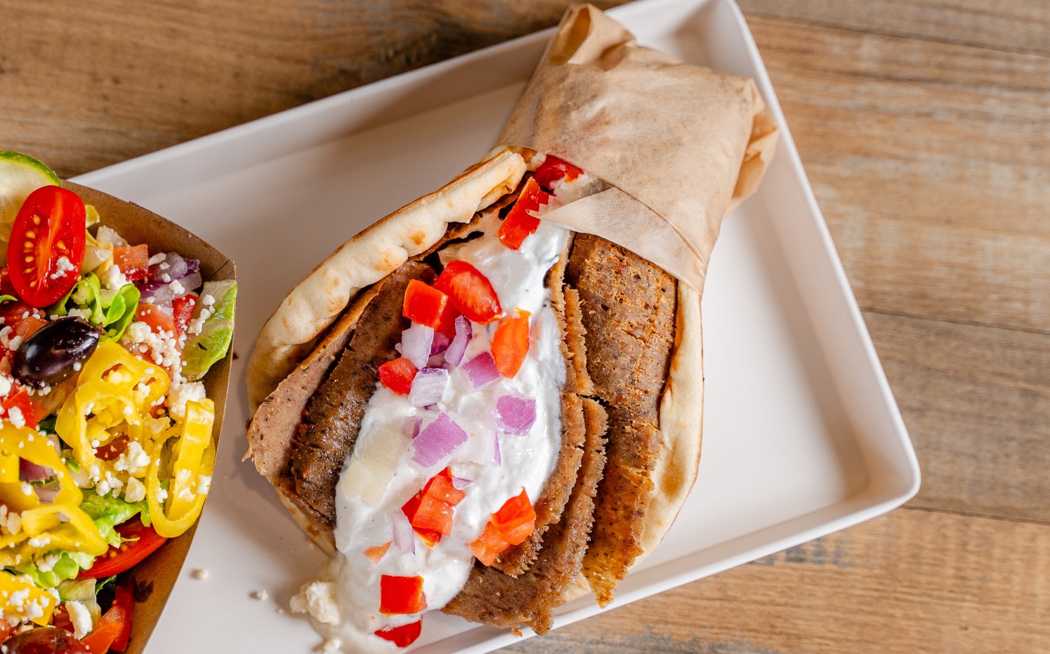 Classic gyro wrapped in pita with tzatziki