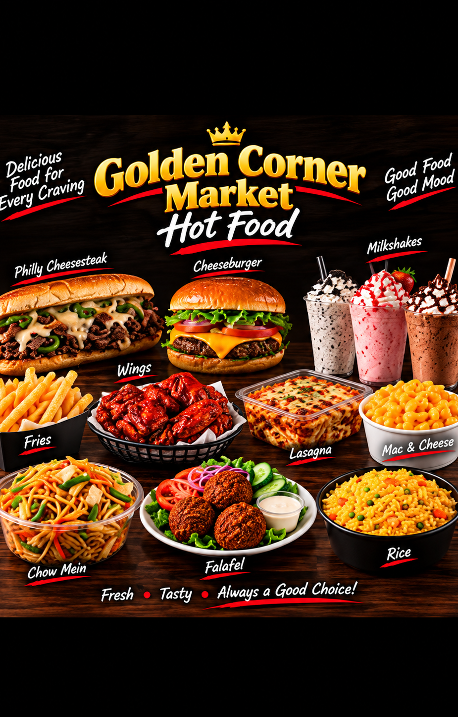Golden fried chicken wings and seasoned fries served hot at Golden Corner Market