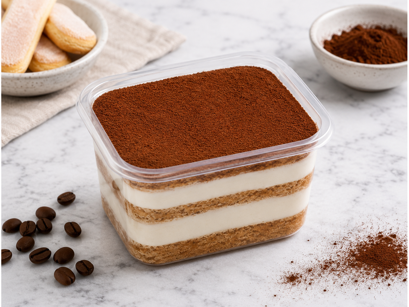 Classic tiramisu cup with cocoa dusting and mascarpone layers