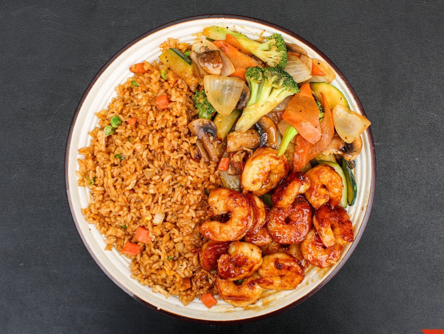 Hibachi shrimp served with soup, salad and steamed rice