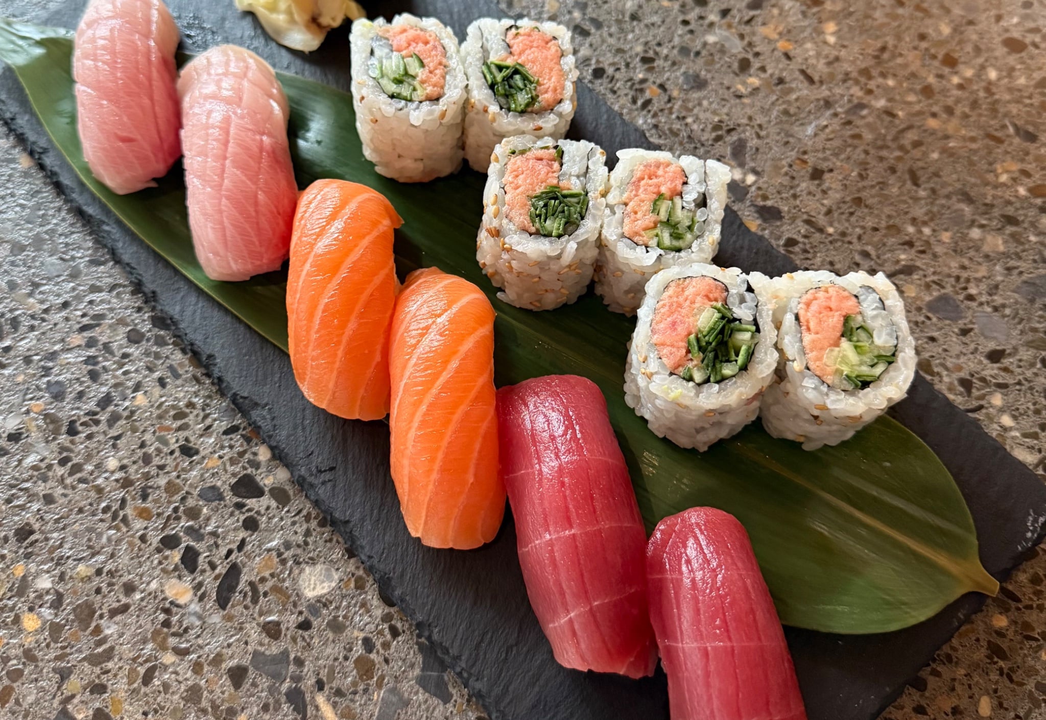 Tricolor set of premium nigiri with tuna, yellowtail and salmon
